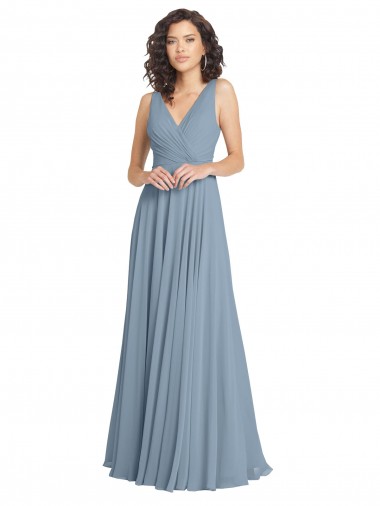 Sleeveless V-Neck Soft Chiffon Dusty Blue Long Bridesmaid Dress Bath