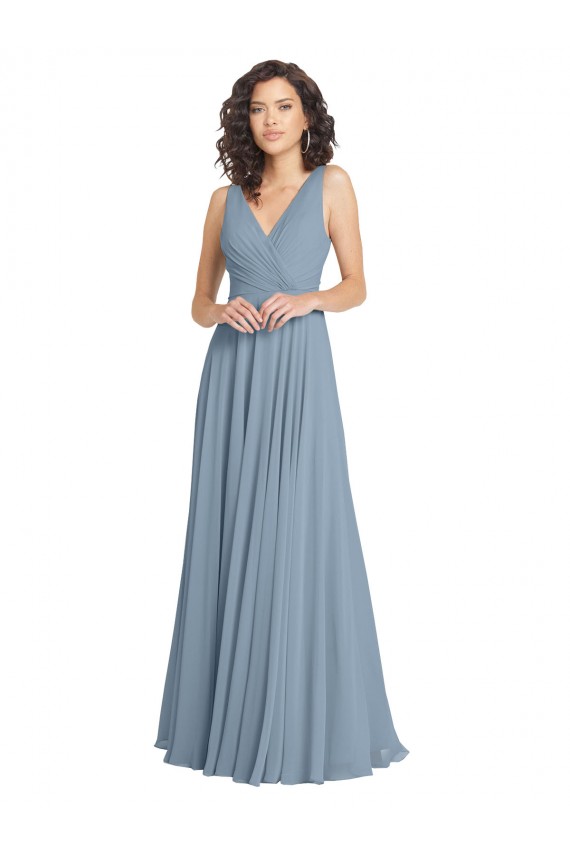 Sleeveless V-Neck Soft Chiffon Dusty Blue Long Bridesmaid Dress Bath