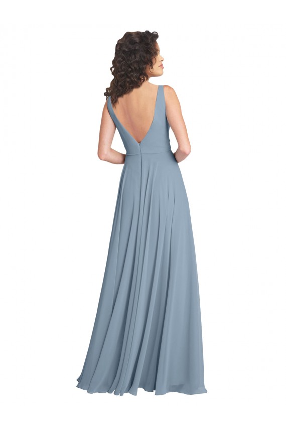 Sleeveless V-Neck Soft Chiffon Dusty Blue Long Bridesmaid Dress Bath