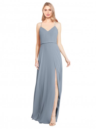 Sleeveless V-Neck Soft Chiffon Dusty Blue Long Bridesmaid Gowns Bath