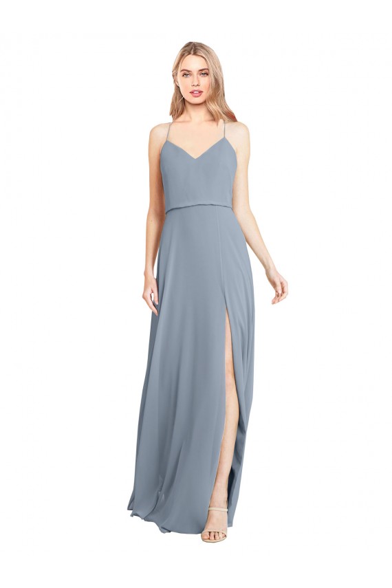 Sleeveless V-Neck Soft Chiffon Dusty Blue Long Bridesmaid Gowns Bath
