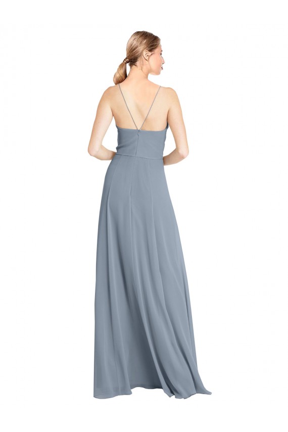 Sleeveless V-Neck Soft Chiffon Dusty Blue Long Bridesmaid Gowns Bath