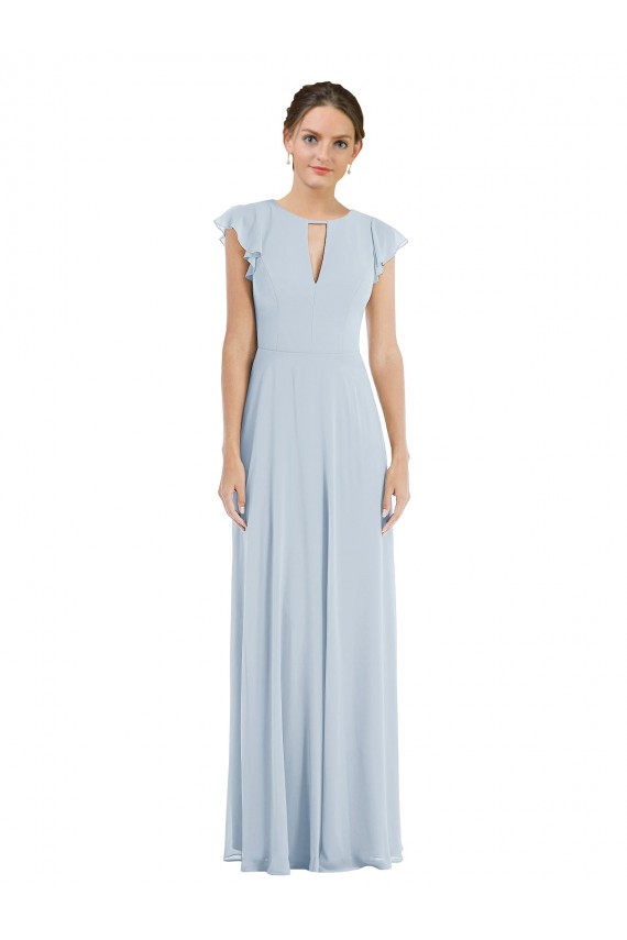 Flutter Sleeves Bateau Neck Soft Chiffon Sea Glass Long Formal Evening Gown / Bridesmaid Dress Bath
