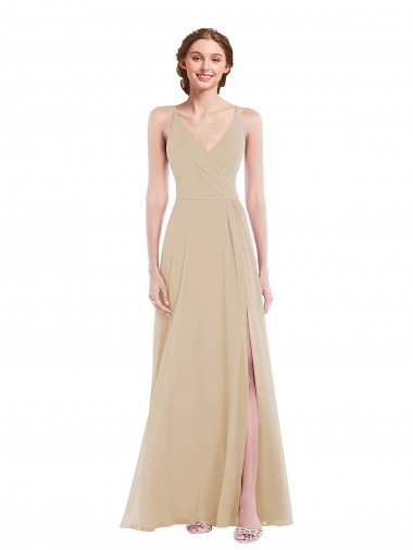 Sleeveless V-Neck Soft Chiffon Champagne Long Semi Formal Evening Dress / Bridesmaid Dress Bath