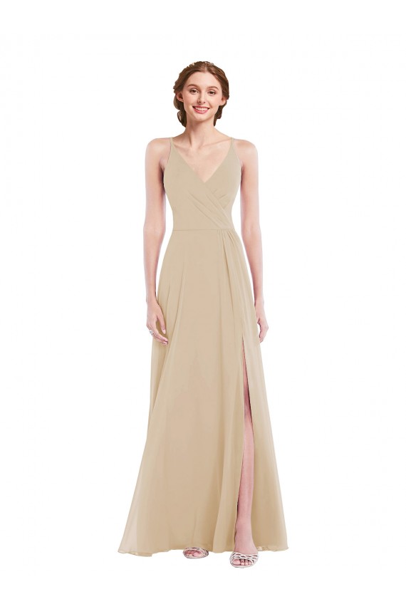Sleeveless V-Neck Soft Chiffon Champagne Long Semi Formal Evening Dress / Bridesmaid Dress Bath