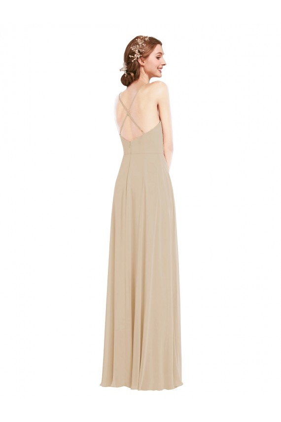 Sleeveless V-Neck Soft Chiffon Champagne Long Semi Formal Evening Dress / Bridesmaid Dress Bath