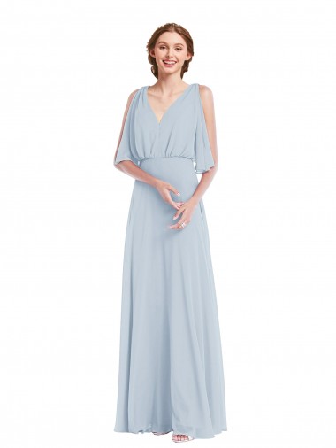 Half Sleeves V-Neck Soft Chiffon Sea Glass Long Evening Gown / Bridesmaid Dress Bath