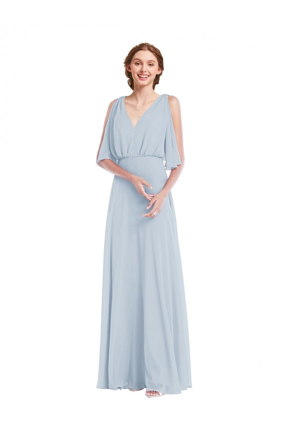 Half Sleeves V-Neck Soft Chiffon Sea Glass Long Evening Gown / Bridesmaid Dress Bath
