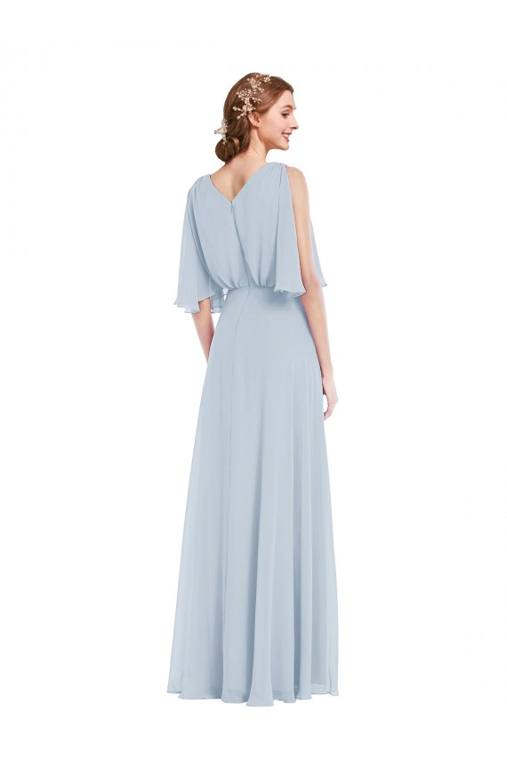 Half Sleeves V-Neck Soft Chiffon Sea Glass Long Evening Gown / Bridesmaid Dress Bath