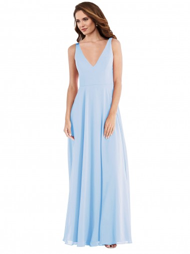 Sleeveless V-Neck Soft Chiffon Light Sky Blue Long Semi Formal Evening Dress / Bridesmaid Dress Bath
