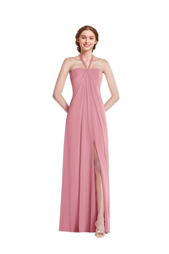 Sleeveless Halter Neck Soft Chiffon Skin Pink Long Semi Formal Evening Dress / Bridesmaid Dress Bath