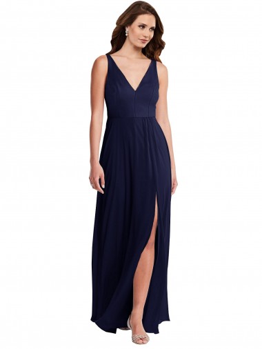 Sleeveless V-Neck Soft Chiffon Dark Navy Long Black Tie Evening Gown / Bridesmaid Dress Bath
