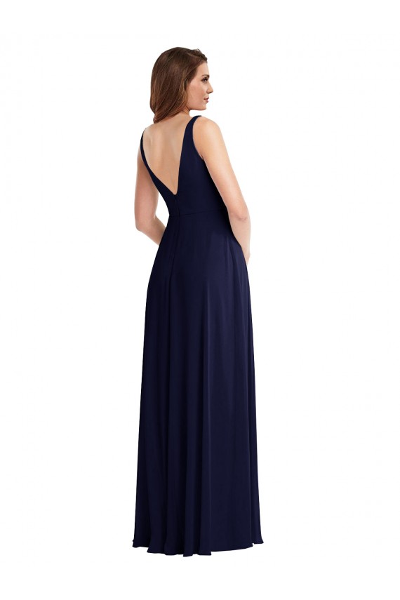 Sleeveless V-Neck Soft Chiffon Dark Navy Long Black Tie Evening Gown / Bridesmaid Dress Bath