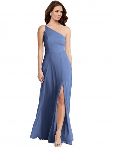 Sleeveless One Shoulder Soft Chiffon Windsor Blue Long Formal Evening Gown / Bridesmaid Dress Bath