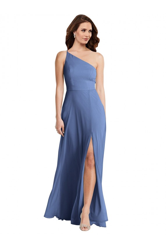 Sleeveless One Shoulder Soft Chiffon Windsor Blue Long Formal Evening Gown / Bridesmaid Dress Bath