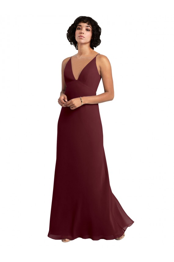 Sleeveless V-Neck Soft Chiffon Burgundy Gold Long Bridesmaid Dress / Formal Dress Bath