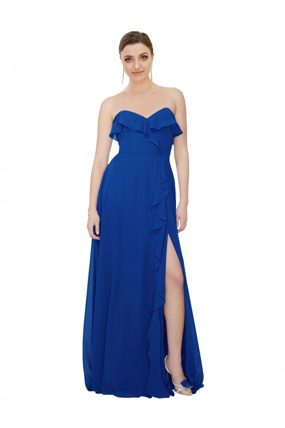 Sleeveless Strapless Soft Chiffon Royal Blue A-Line Long Bridesmaid Dress Bath
