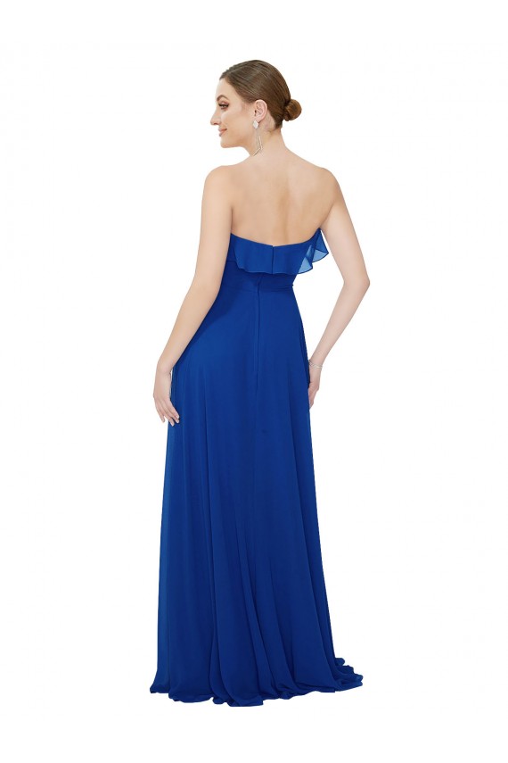 Sleeveless Strapless Soft Chiffon Royal Blue A-Line Long Bridesmaid Dress Bath