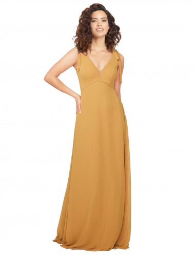 Sleeveless V-Neck Soft Chiffon Saffron Long Bridesmaid Dress Bath