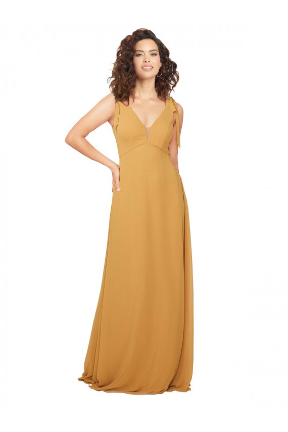 Sleeveless V-Neck Soft Chiffon Saffron Long Bridesmaid Dress Bath