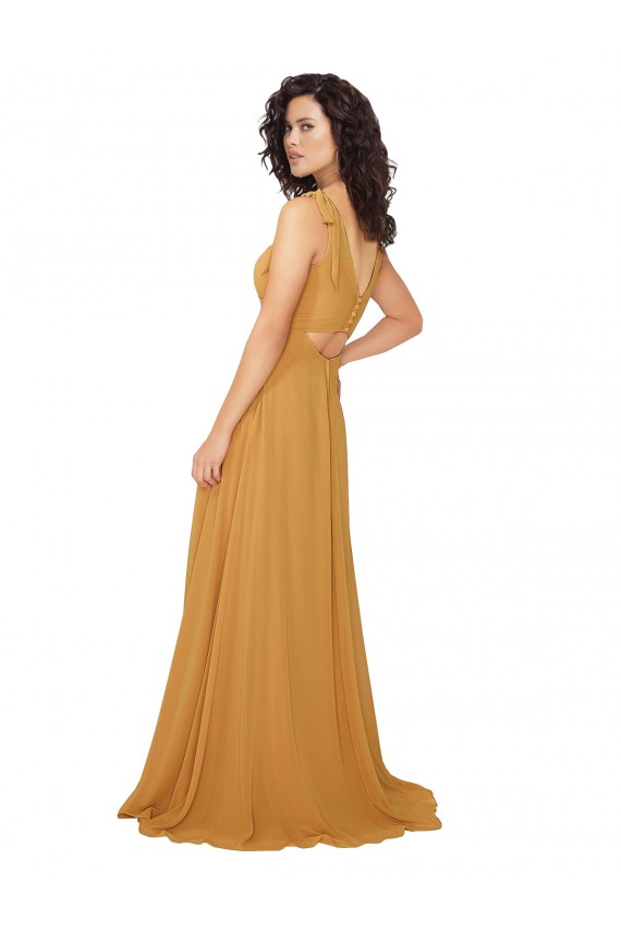 Sleeveless V-Neck Soft Chiffon Saffron Long Bridesmaid Dress Bath