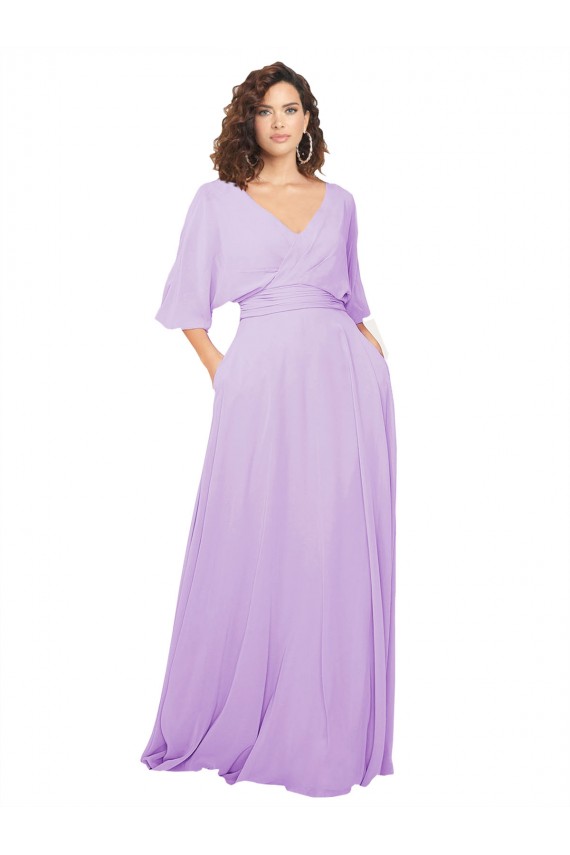 Half Sleeves V-Neck Lxue Chiffon Lilac Long Bridesmaid Dress Bath