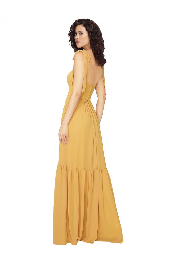 Sleeveless Square Neck Soft Chiffon Saffron Long Bridesmaid Dress Bath