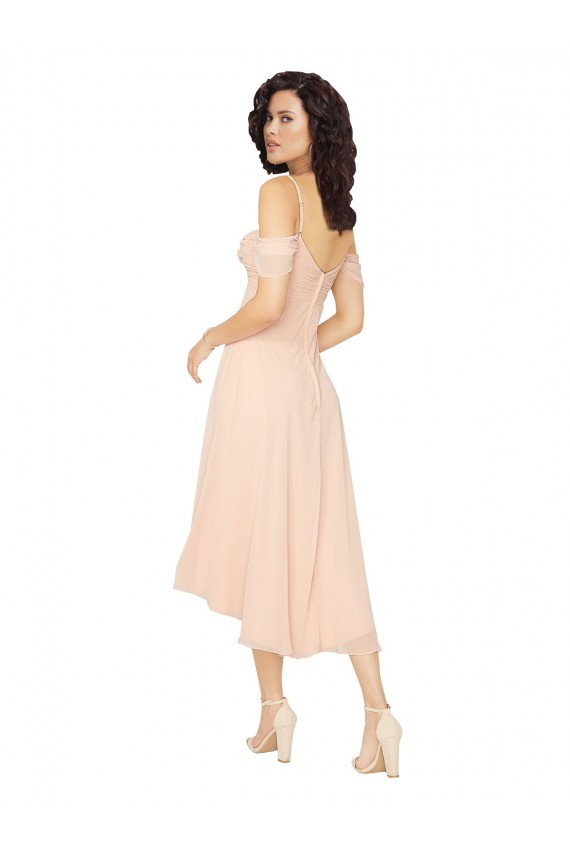Cold Shoulder Square Neck Soft Chiffon Ice Pink Midi Length High Low Bridesmaid Dress Bath