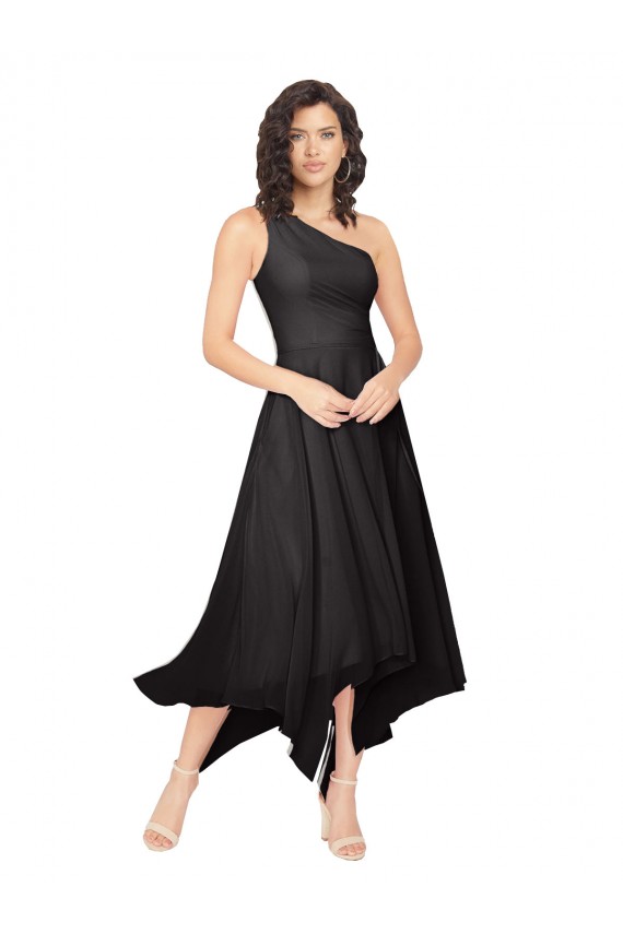 Sleeveless Strapless Soft Chiffon Black Midi Length High Low Bridesmaid Dress Bath