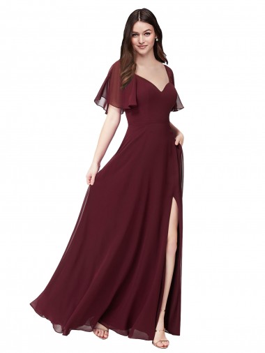 Short Flutter Sleeves Sweetheart Soft Chiffon Burgundy Gold Long Formal Dress / Bridesmaid Dress Bath