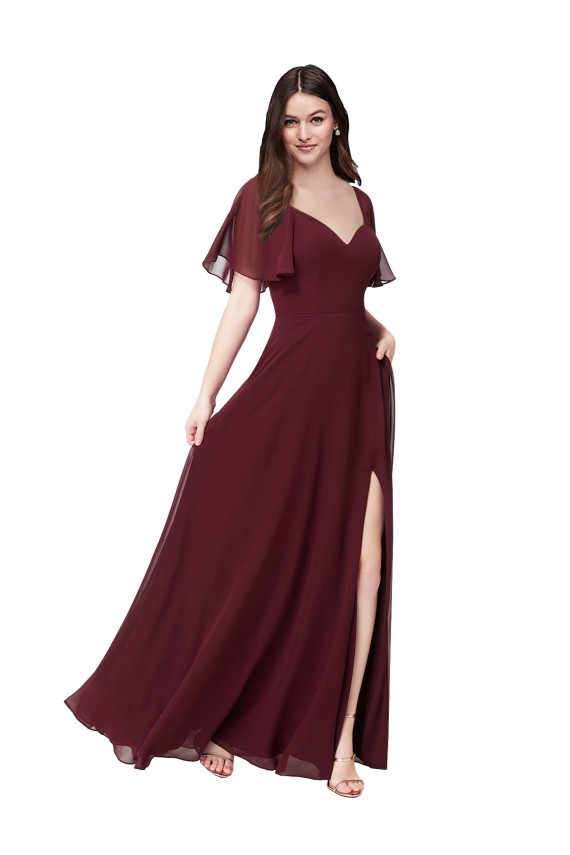 Short Flutter Sleeves Sweetheart Soft Chiffon Burgundy Gold Long Formal Dress / Bridesmaid Dress Bath