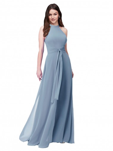 Sleeveless High Neck Chiffon Dusty Blue Long Bridesmaid Formal Dress Bath