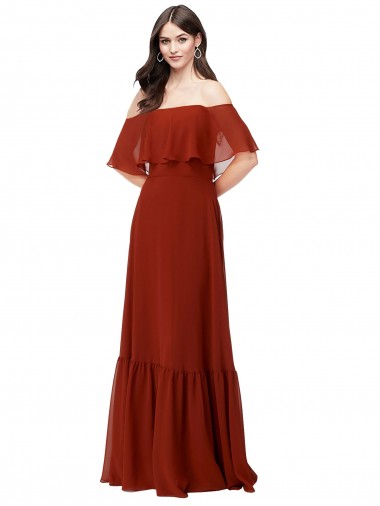 Short Flutter Sleeves Off the Shoulder Soft Chiffon Red Long Bridesmaid Dress Bath