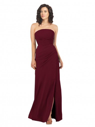 Sleeveless Strapless Soft Chiffon Burgundy Long Bridesmaid Dress Bath
