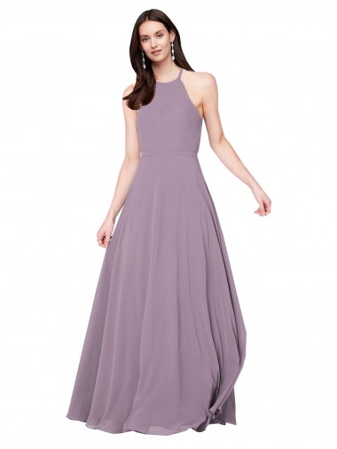 Sleeveless Halter Neck Chiffon Dark Lavender Long Bridesmaid Dress / Evening Dress Bath