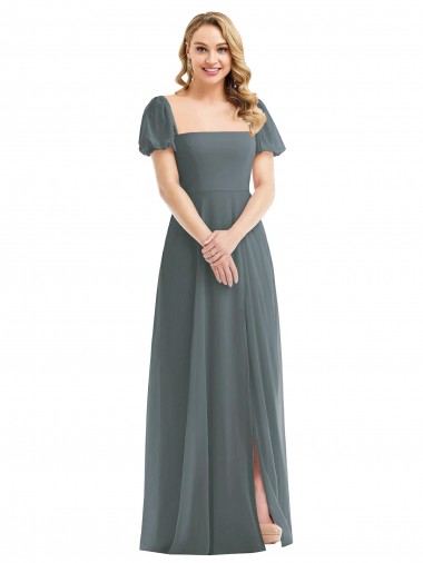 Puff Sleeves Square Neck Soft Chiffon Slate Grey Long Semi Formal Evening Dress / Bridesmaid Dress Bath