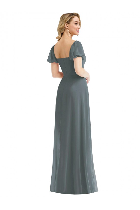 Puff Sleeves Square Neck Soft Chiffon Slate Grey Long Semi Formal Evening Dress / Bridesmaid Dress Bath
