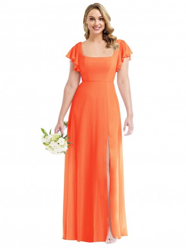 Flutter Sleeves Square Neck Soft Chiffon Tangerine Tango Long Semi Formal Evening Dress / Bridesmaid Dress Bath
