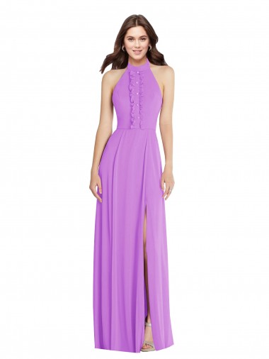 Sleeveless Halter Neck Soft Chiffon Violet Long Formal Evening Gown / Bridesmaid Dress Bath