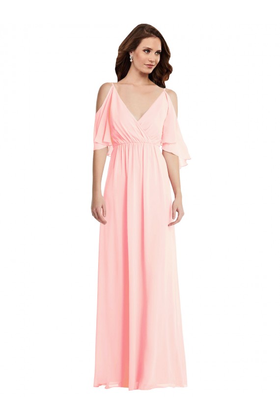 Cold Shoulder V-Neck Soft Chiffon Pink Long Semi Formal Evening Dress / Bridesmaid Dress Bath