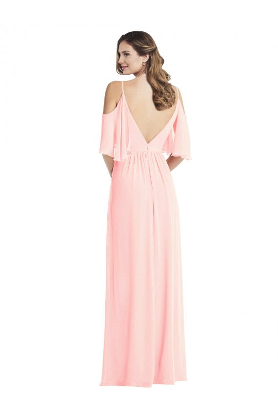 Cold Shoulder V-Neck Soft Chiffon Pink Long Semi Formal Evening Dress / Bridesmaid Dress Bath