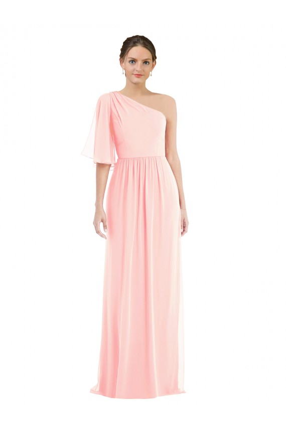 Bell Sleeves One Shoulder Soft Chiffon Pink Long Semi Formal Evening Dress / Bridesmaid Dress Bath
