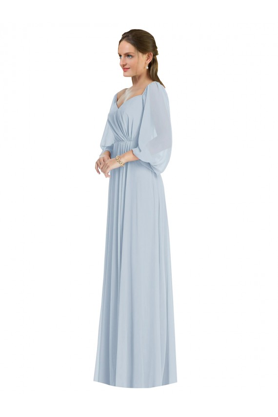 Puff Sleeves Sweetheart Soft Chiffon Sea Glass Long Formal Evening Gown / Bridesmaid Dress Bath