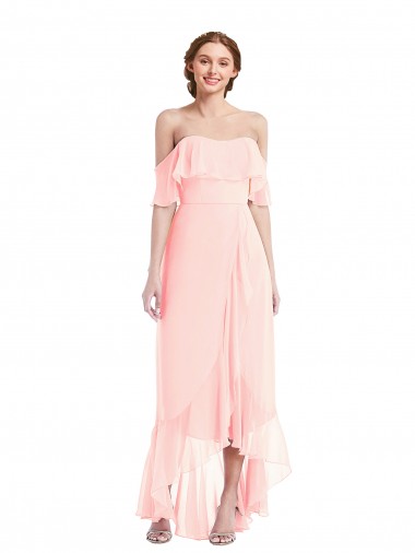 Sleeveless Off the Shoulder Soft Chiffon Pink Long High Low Bridesmaid Dress Bath