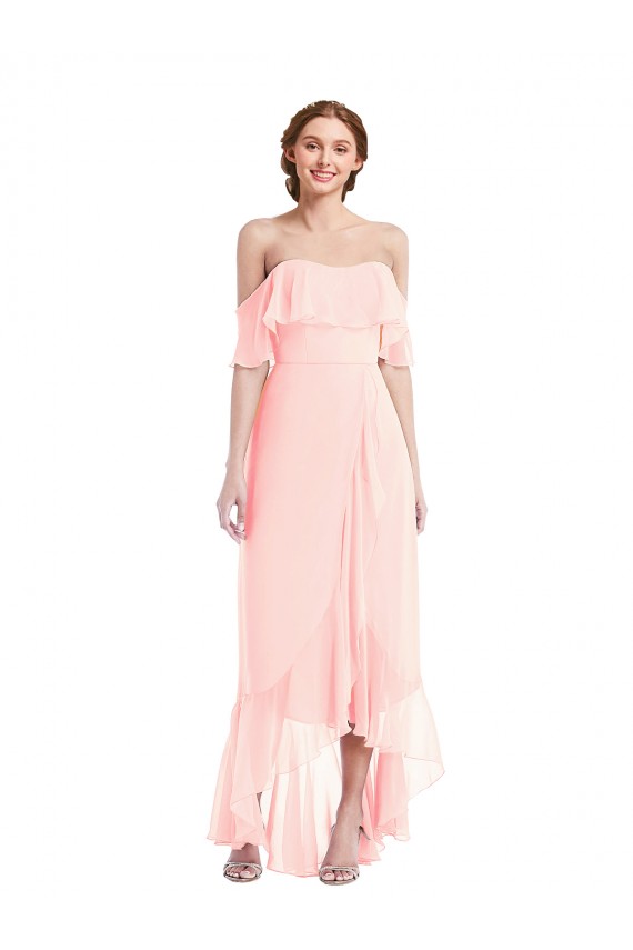 Sleeveless Off the Shoulder Soft Chiffon Pink Long High Low Bridesmaid Dress Bath