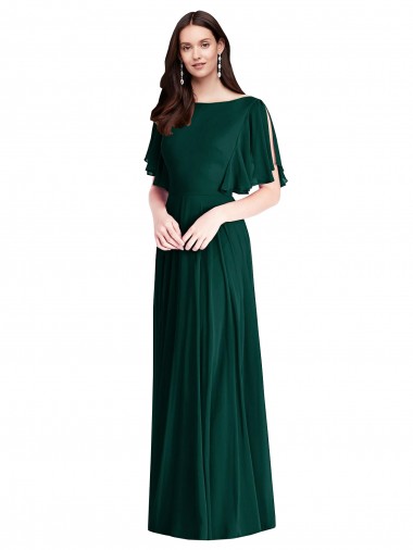 Bell Sleeves Bateau Neck Soft Chiffon Ever Green Long Semi Formal Evening Dress / Bridesmaid Dress Bath