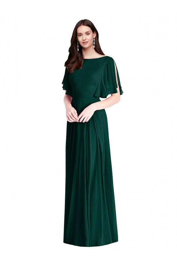 Bell Sleeves Bateau Neck Soft Chiffon Ever Green Long Semi Formal Evening Dress / Bridesmaid Dress Bath