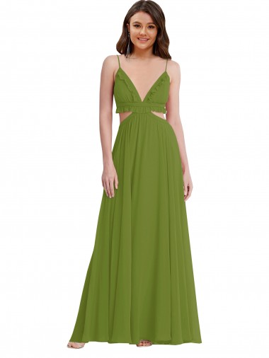 Sleeveless V-Neck Soft Chiffon Olive Green Long Plus Size Evening Gown / Bridesmaid Dress Bath