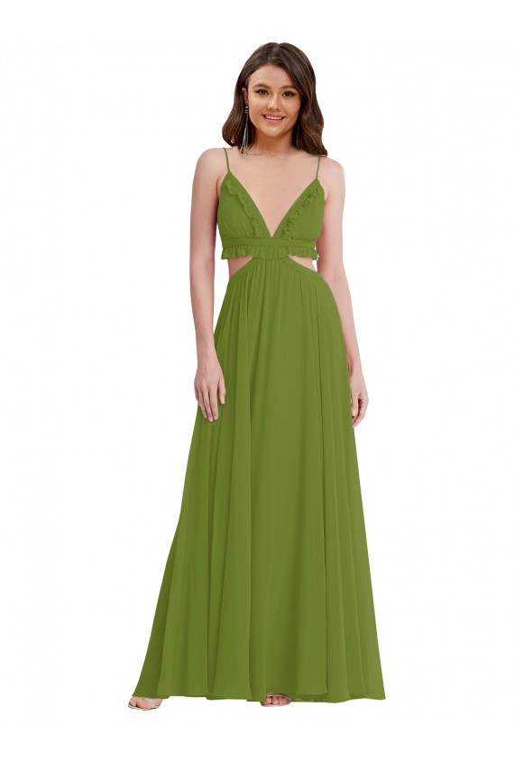 Sleeveless V-Neck Soft Chiffon Olive Green Long Plus Size Evening Gown / Bridesmaid Dress Bath