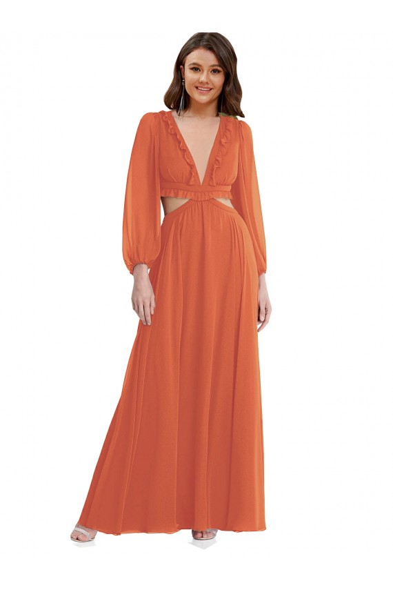 Long Sleeves V-Neck Soft Chiffon Firecracker Long High Low Evening Gown / Bridesmaid Dress Bath